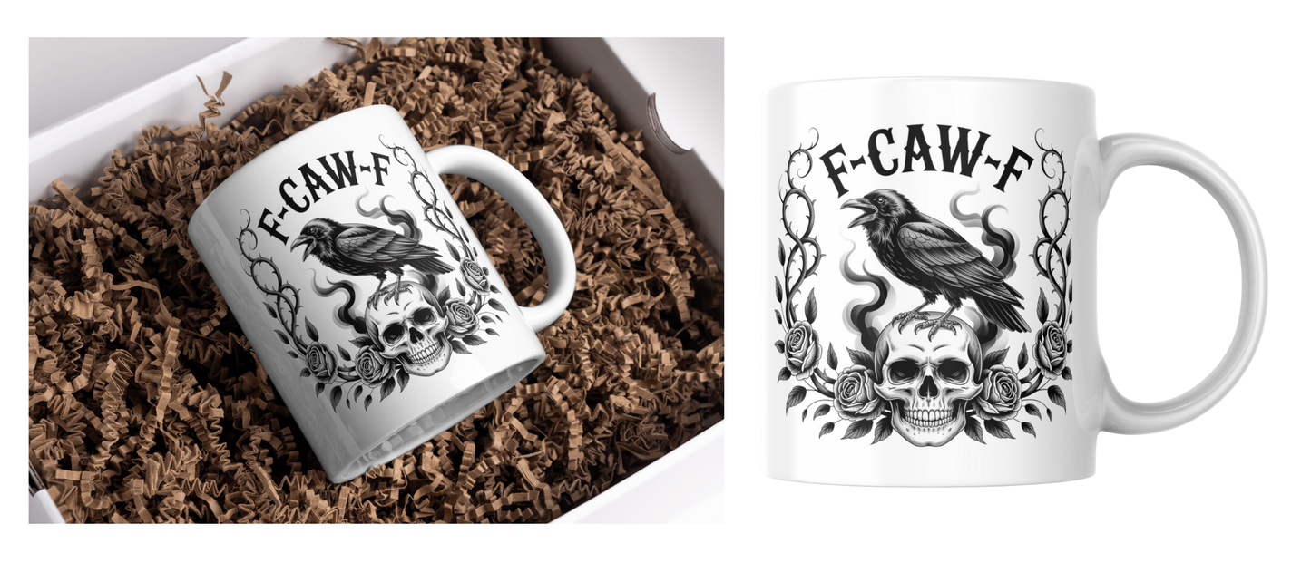 F-Caw-F Crow Skull Mug | Gothic Raven Skull Coffee Cup | Dark Humor Ceramic Mug