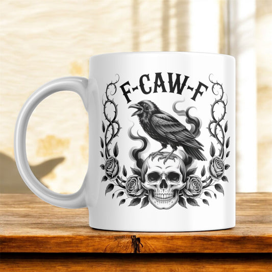 F-Caw-F Crow Skull Mug | Gothic Raven Skull Coffee Cup | Dark Humor Ceramic Mug